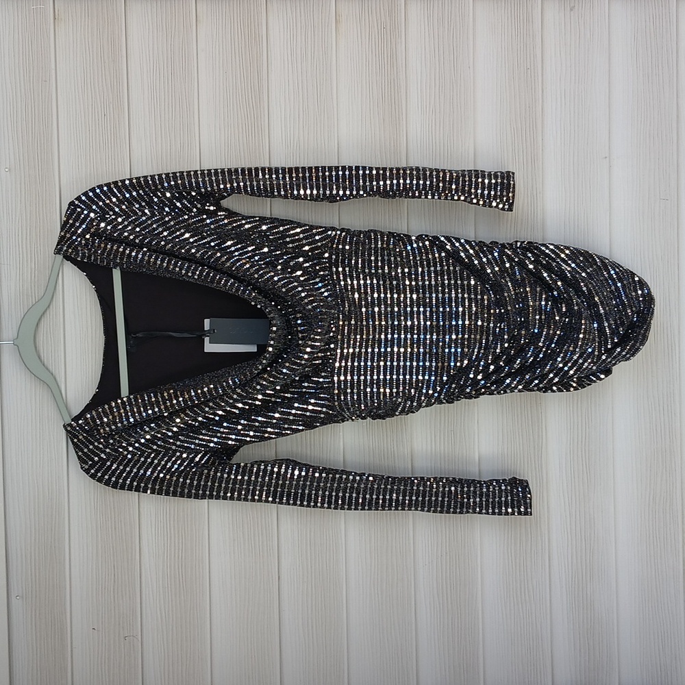 $178, H:ours Isla Cowl Neck, Sequin Black Mini Dress, has stretch, X Rev… - Picture 5 of 5